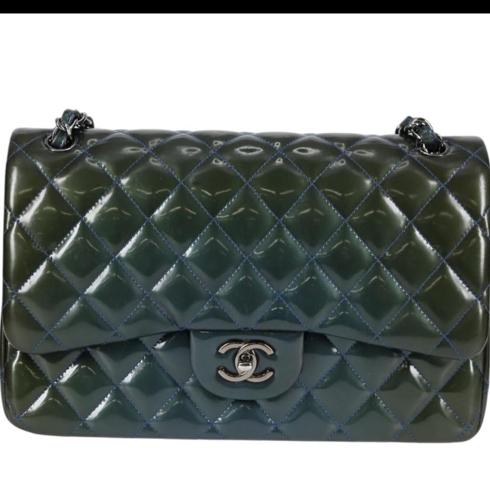 CHANEL Jumbo Double flap Matelasse Chain Bag Patent Leather 2way Blue Silver - Picture 2 of 16